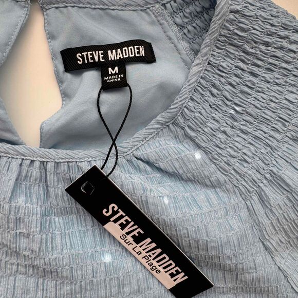 NWT Steve Madden Blue Short Sleeve Gathered Neckline Tiered Skirt Abrah Dress M - Picture 9 of 15